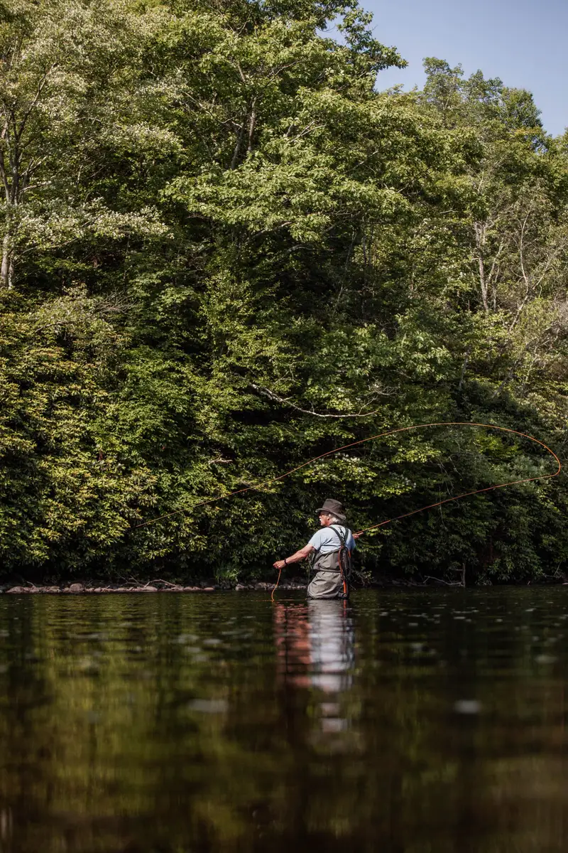Fly angler casting on a forest river