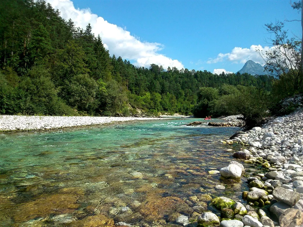 Crystal-clear turquoise water of the Soča river flowing over white gravel banks, Julian Alps in the background